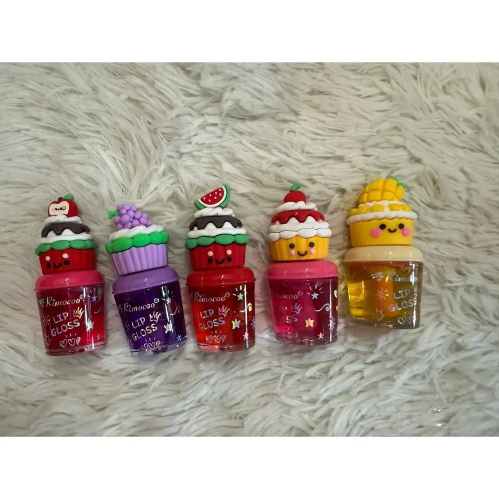 Set of 5 kawaii fruity cupcakes lip gloss with large applicator and ph activated